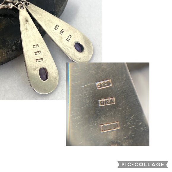 Sterling Silver 925 OKA Bali Oval Amethyst Teardrop Dangle Drop Earrings - Picture 8 of 16